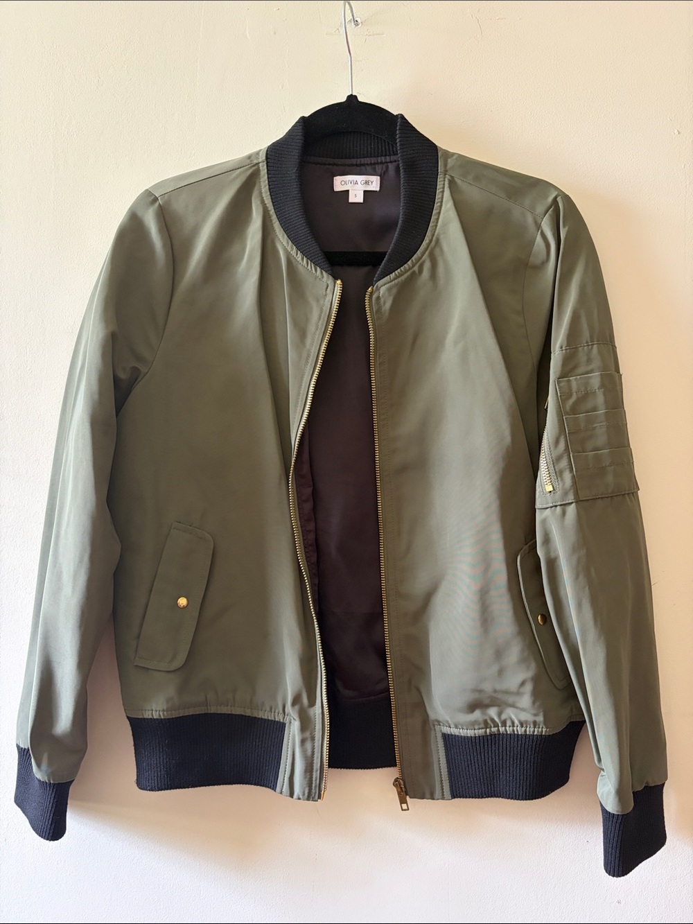 Olive Bomber Jacket with Black Trim by Olivia Grey
